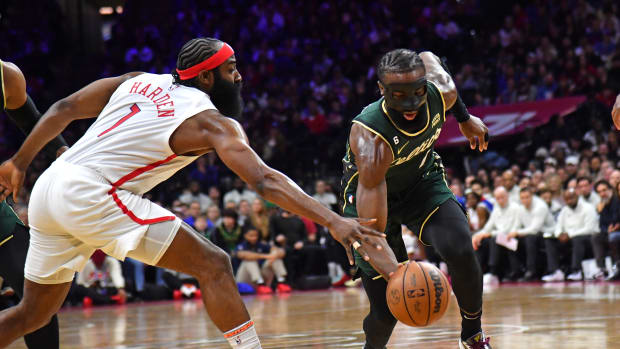 Boston Celtics guard Jaylen Brown, Philadelphia 76ers guard James Harden